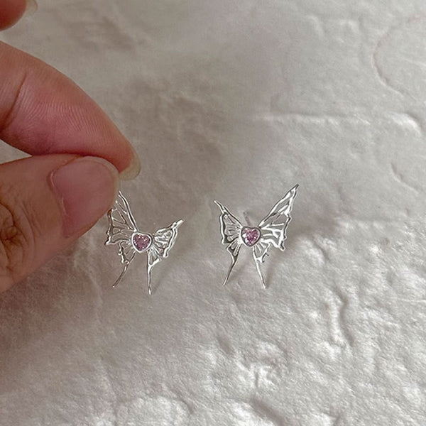 Pink Heart Butterfly Stud Earrings