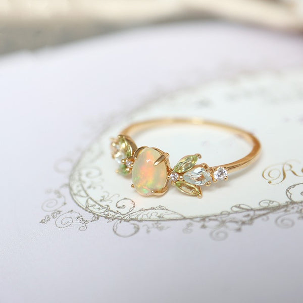 Dainty Gold Opal Leaf Ring