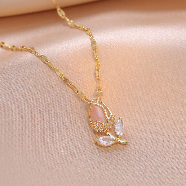 Dainty Pink Tulip Pendant Necklace