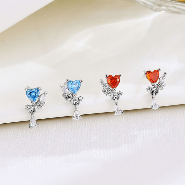 Color Gemstone Heart Flower Stud Earrings