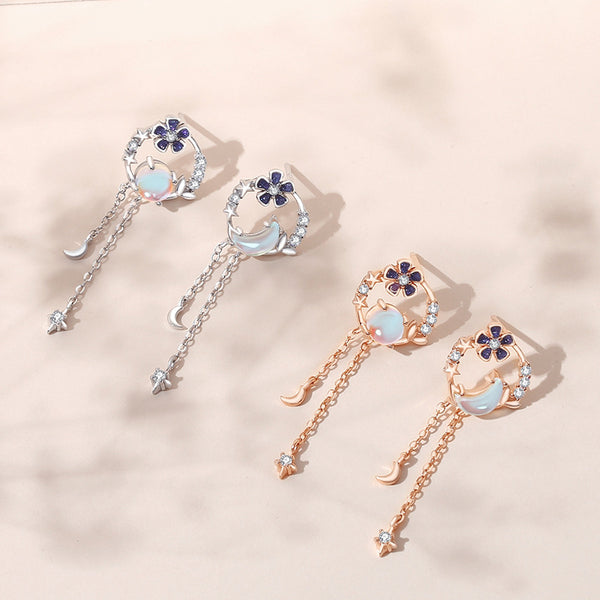 Moonstone Flower Tassel Stud Earrings