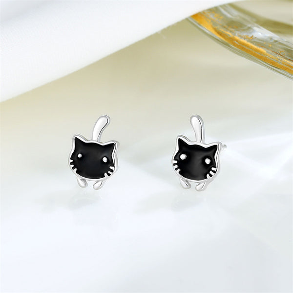 Black Enamel Cat Stud Earrings