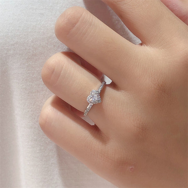 Dainty Silver Heart Halo Engagement Ring