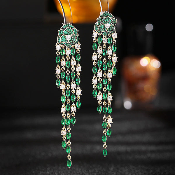 Color Gemstone Flower Tassel Drop Earrings