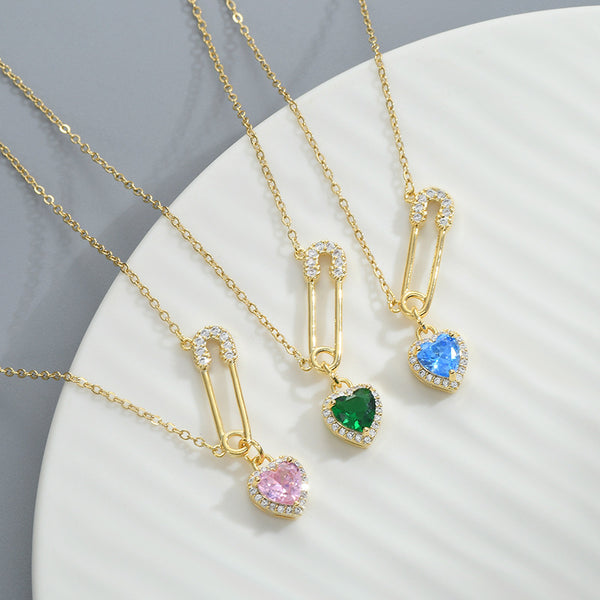 Color Gemstone Heart Safety Pin Necklace