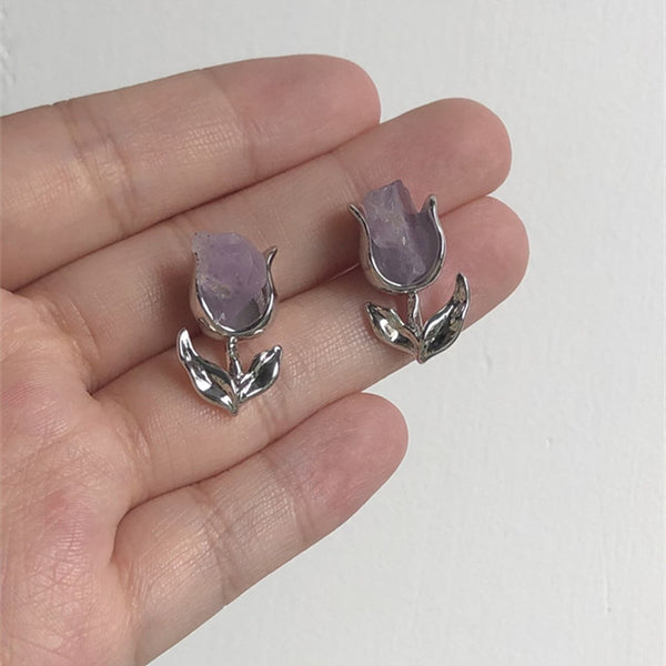 Amethyst Tulip Flower Stud Earrings