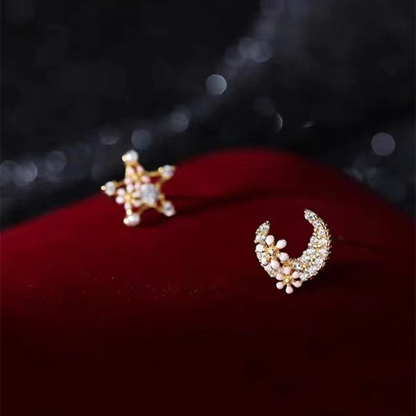 Gold Star Moon Flower Stud Earrings