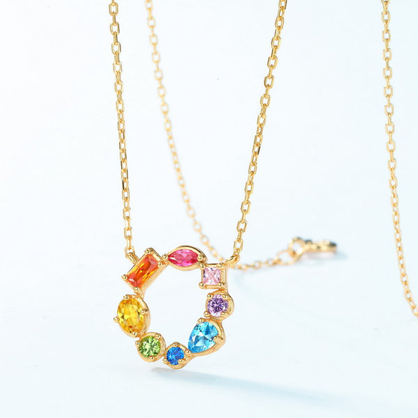 Color Gemstone Cicle Charm Necklace