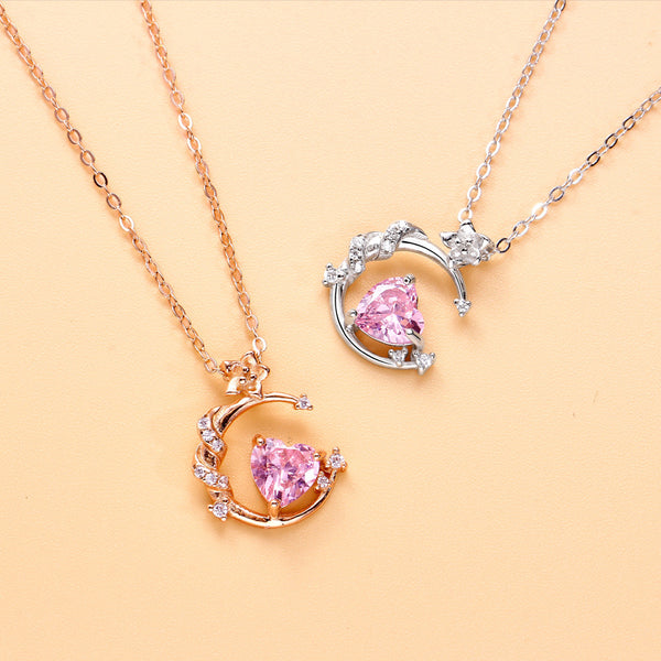 Pink Heart Moon Pendant Necklace