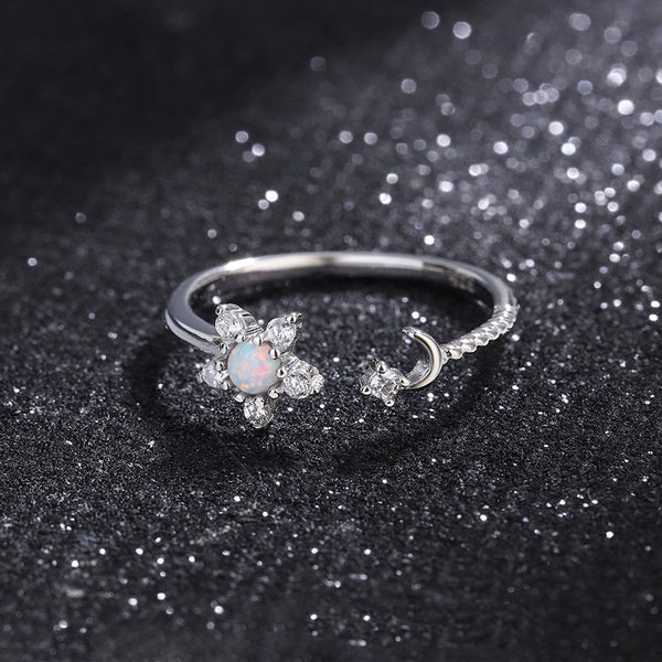 Opal Flower Moon Star Stacking Ring