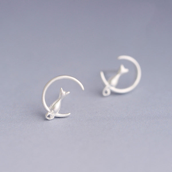 Silver Cat Moon Stud Earrings