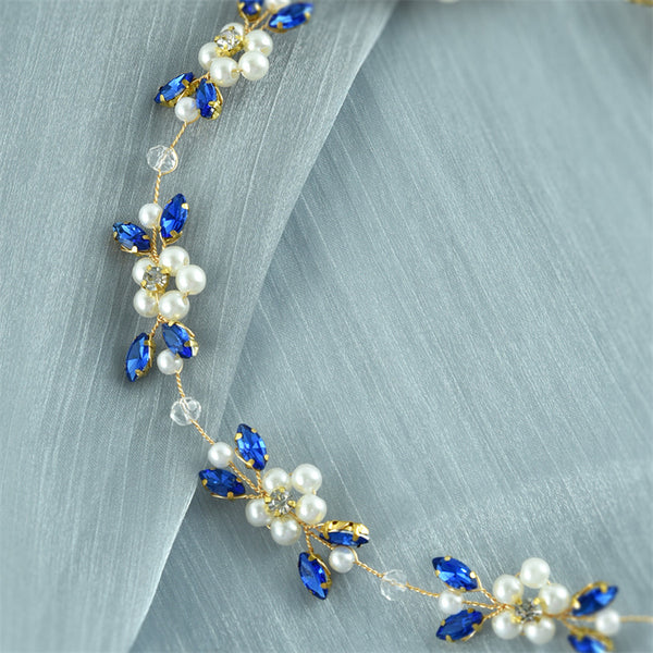 Blue Crystal Pearl Bridal Wedding Headband