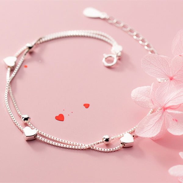 Heart Bead Double Box Chain Bracelet