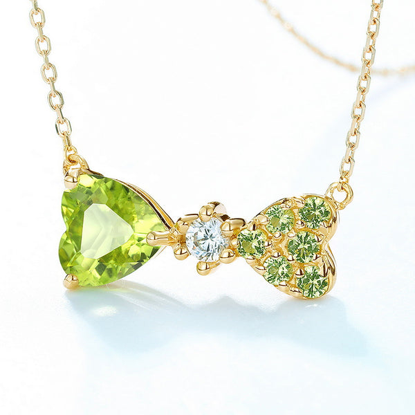 Solid 14k Gold Peridot Bow Tie Necklace