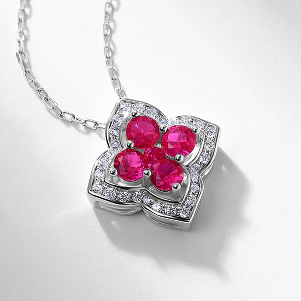 Lab Grown Ruby Four Leaf Clover Necklace