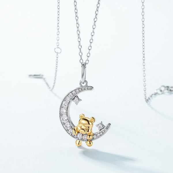 Cute Teddy Bear Moon Necklace