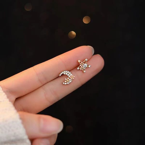 Gold Star Moon Flower Stud Earrings