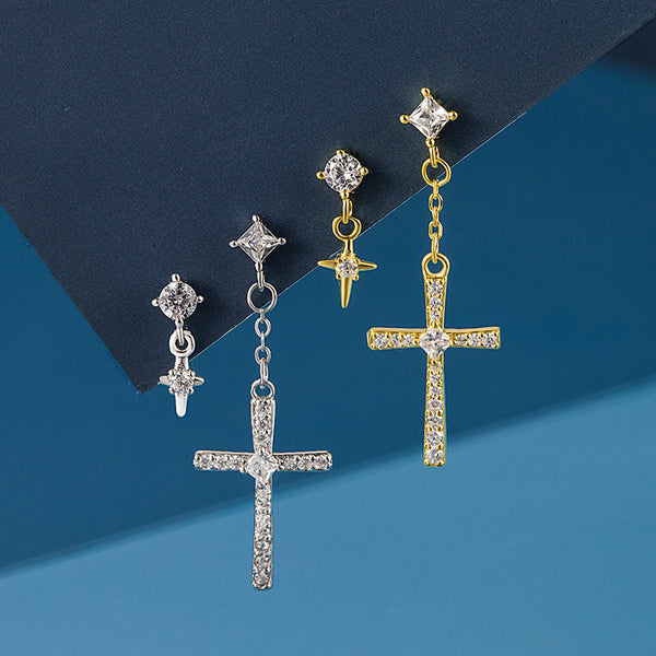 Mismatched Cross Star Dangle Drop Earrings