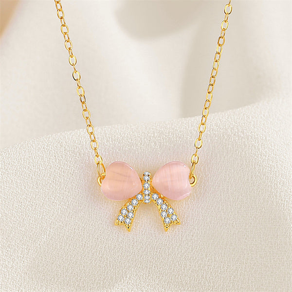 Pink Opal Bow Tie Bowknot Necklace