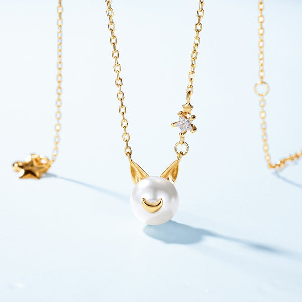 Cute Pearl  Cat Charm Necklace