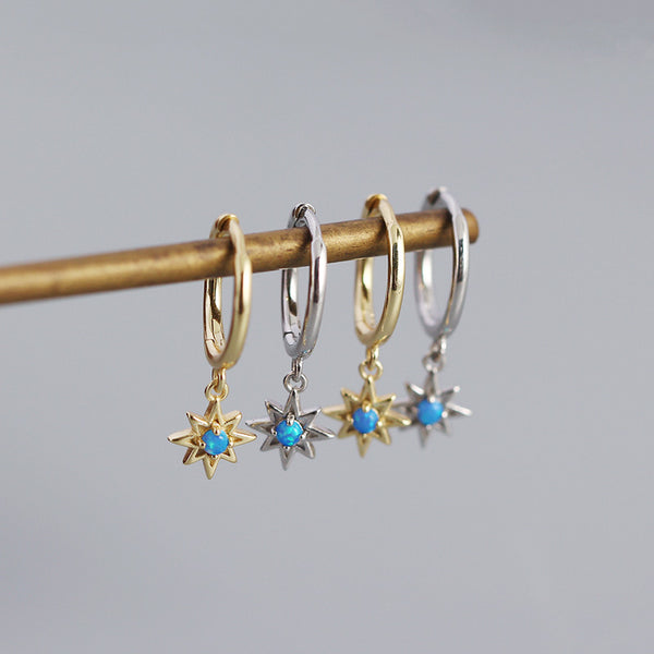 Blue Opal Star Drop Hoop Earrings