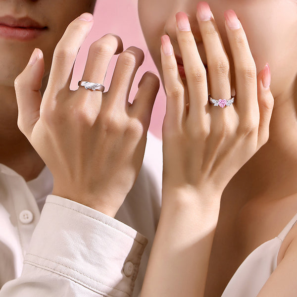 Pink Heart Angel Wing Couple Ring