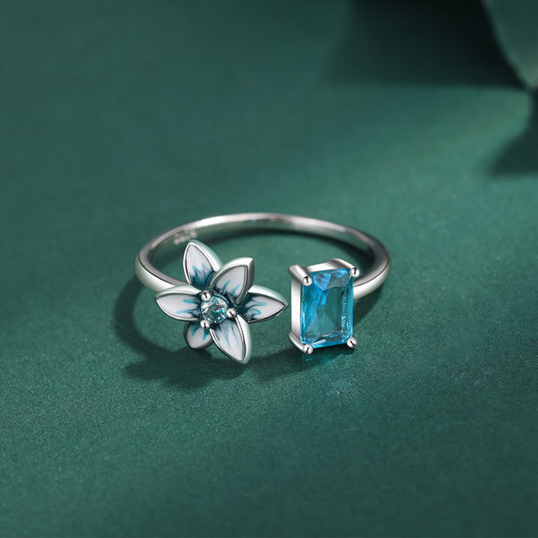 Blue Enamel Flower Open Ring