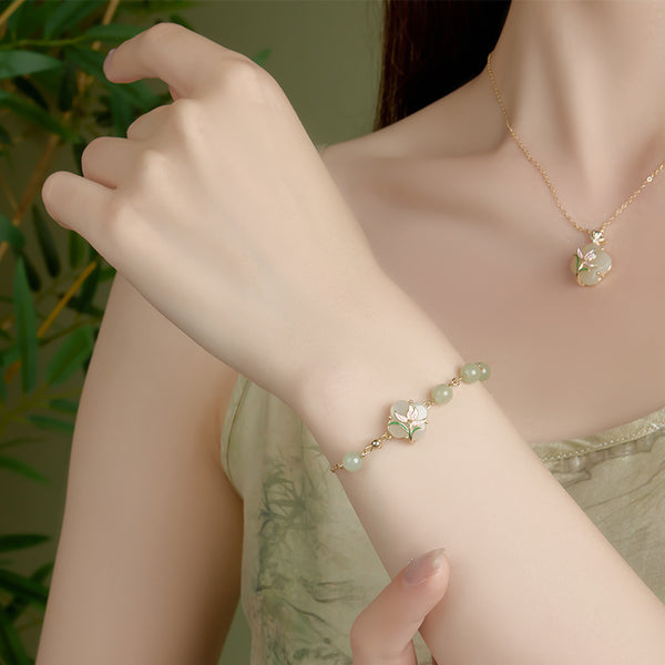 Magnolia Flower Four Leaf Clover Bracelet