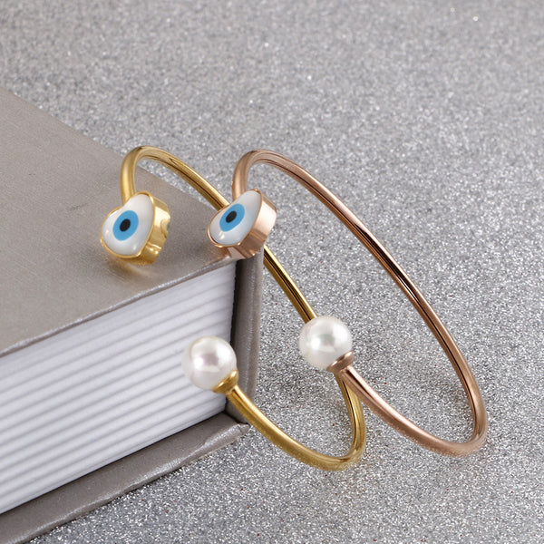 Evil Eye Heart Pearl Bangle Bracelet