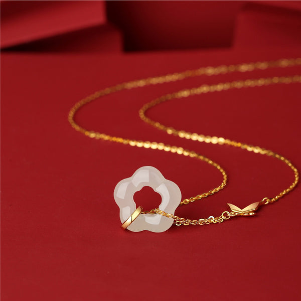 Butterfly Flower Jade Pendant Necklace