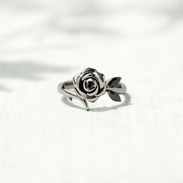 Dainty Black Rose Flower Stacking Ring