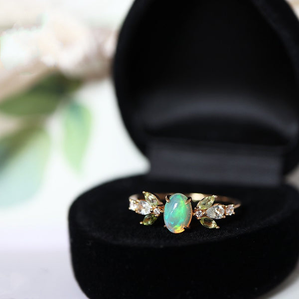 Dainty Gold Opal Leaf Ring