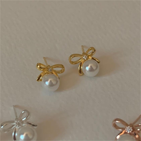 Bow Tie Pearl Stud Earrings