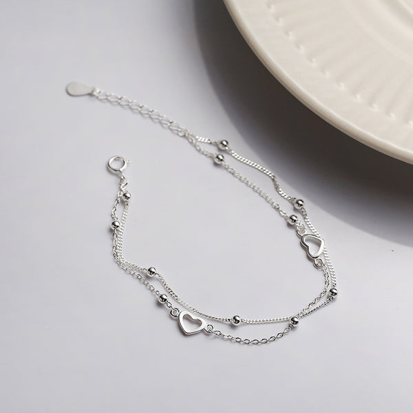 Heart Charm Bead Double Chain Bracelet