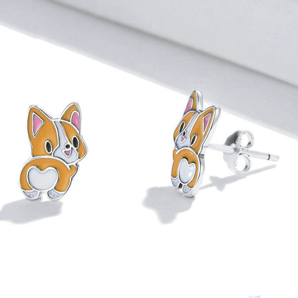 Welsh Corgi Dog Enamel Stud Earrings