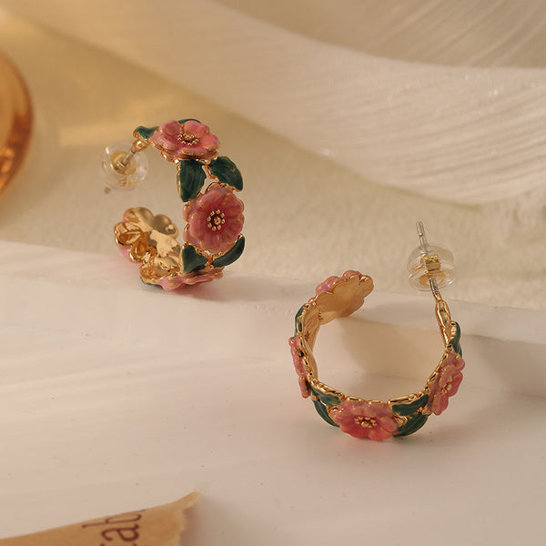 Vintage Camellia Flower Hoop Earrings