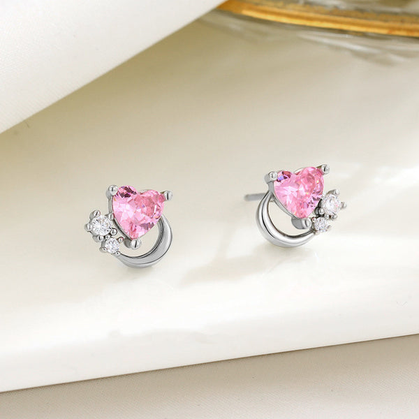 Pink Heart Moon Wedding Stud Earrings