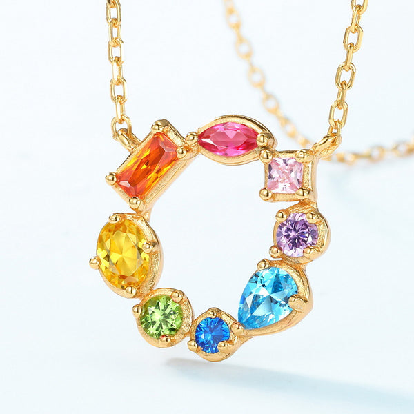 Color Gemstone Cicle Charm Necklace