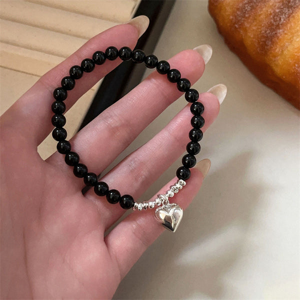 Beaded Black Agate Heart Bracelet