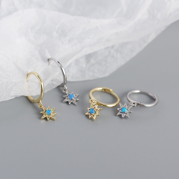 Blue Opal Star Drop Hoop Earrings