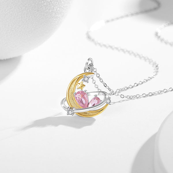 Pink Heart Moon Star Pendant Necklace