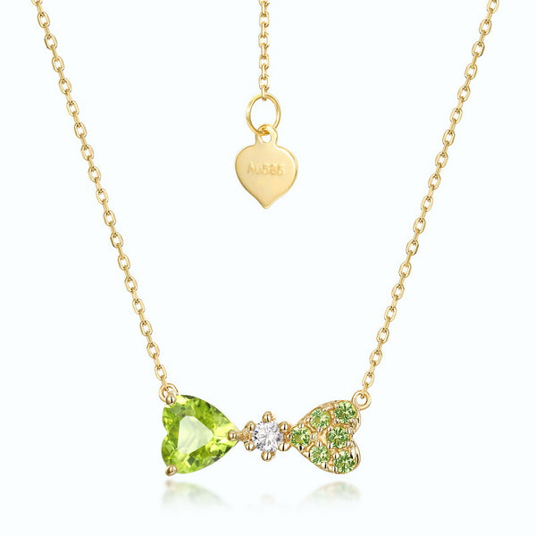 Solid 14k Gold Peridot Bow Tie Necklace