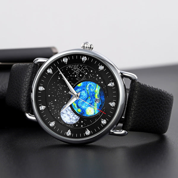 Starry Night 43 mm Round Leather Watch