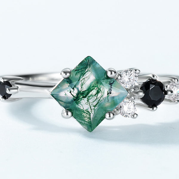 Four-Prong Square Moss Agate Ring