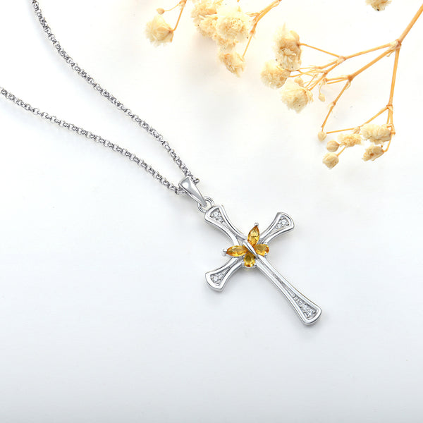 Silver Cross Butterfly Necklace