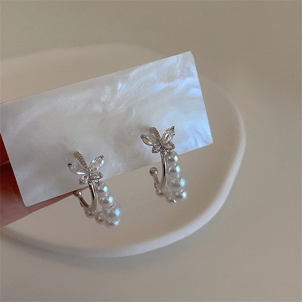 Silver Butterfly Pearl Hoop Earrings