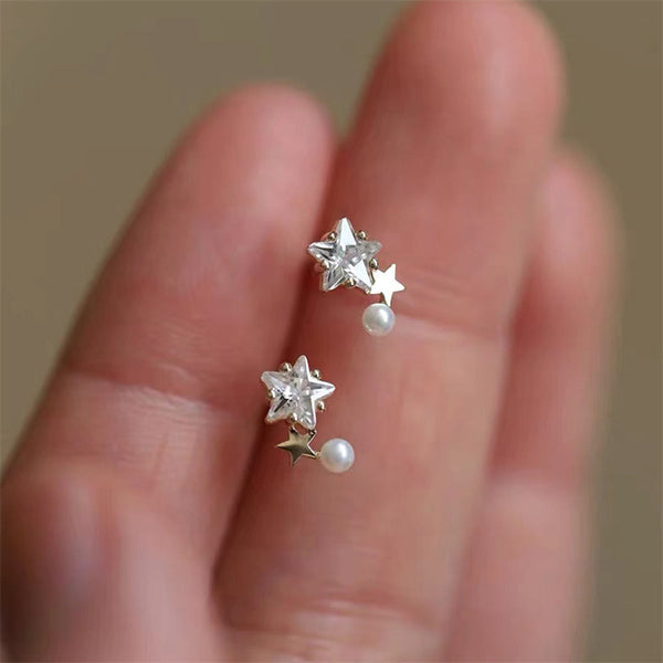 Tiny Small Pearl Star Stud Earrings