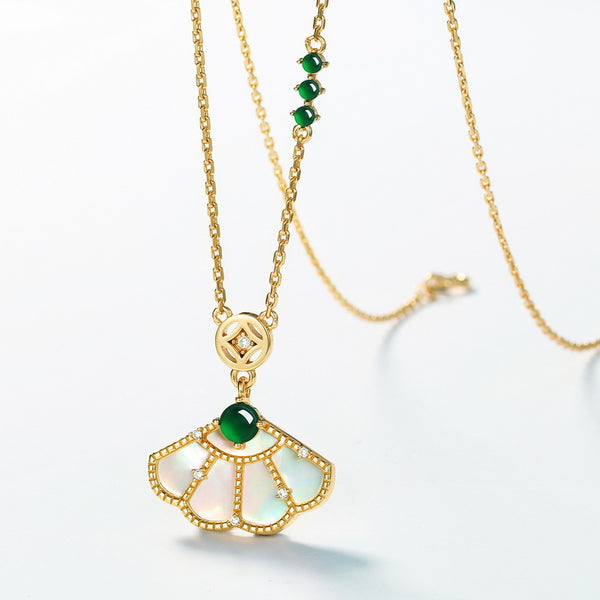 Gold Shell Fan Emerald Necklace