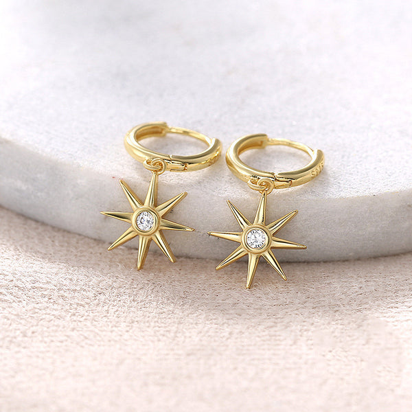 Gold Star Drop Hoop Earrings