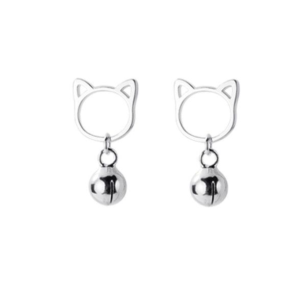 Silver Cat Bell Stud Earrings